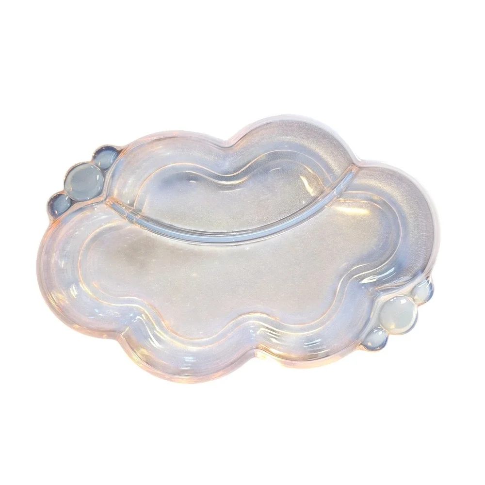Iridescent Opalescent Glass Cloud Vanity Tray Divided Trinket Dish Pink Blue